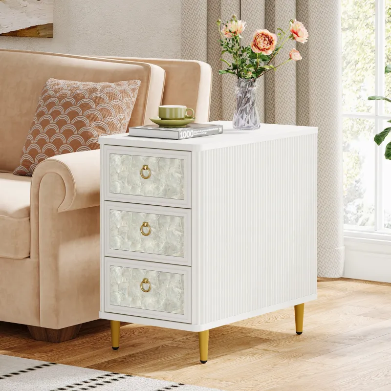 Tribesigns End & Side Tables*3 - Drawer End Table, Modern Side Table With Shell - Decorated
