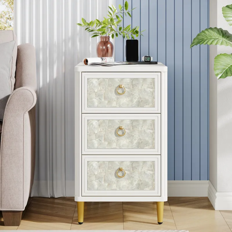 Tribesigns End & Side Tables*3 - Drawer End Table, Modern Side Table With Shell - Decorated