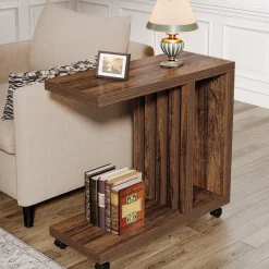 Tribesigns End & Side Tables*2 - Tier End Table, C - Shaped Wood Side Table with Lockable Wheels