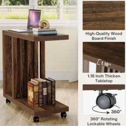Tribesigns End & Side Tables*2 - Tier End Table, C - Shaped Wood Side Table with Lockable Wheels