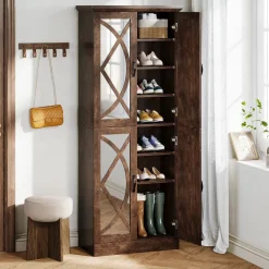 Tribesigns Shoe Racks & Cabinets|Shoe Racks & Cabinets*8 - Tier Shoe Rack, Vintage Shoe Storage Cabinet With 4 Mirrored Doors