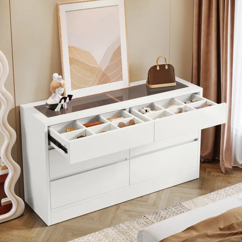 Tribesigns Chests Of Drawers*55" Chest of Dresser, 6 Drawer Dresser Organizer with Glass Top