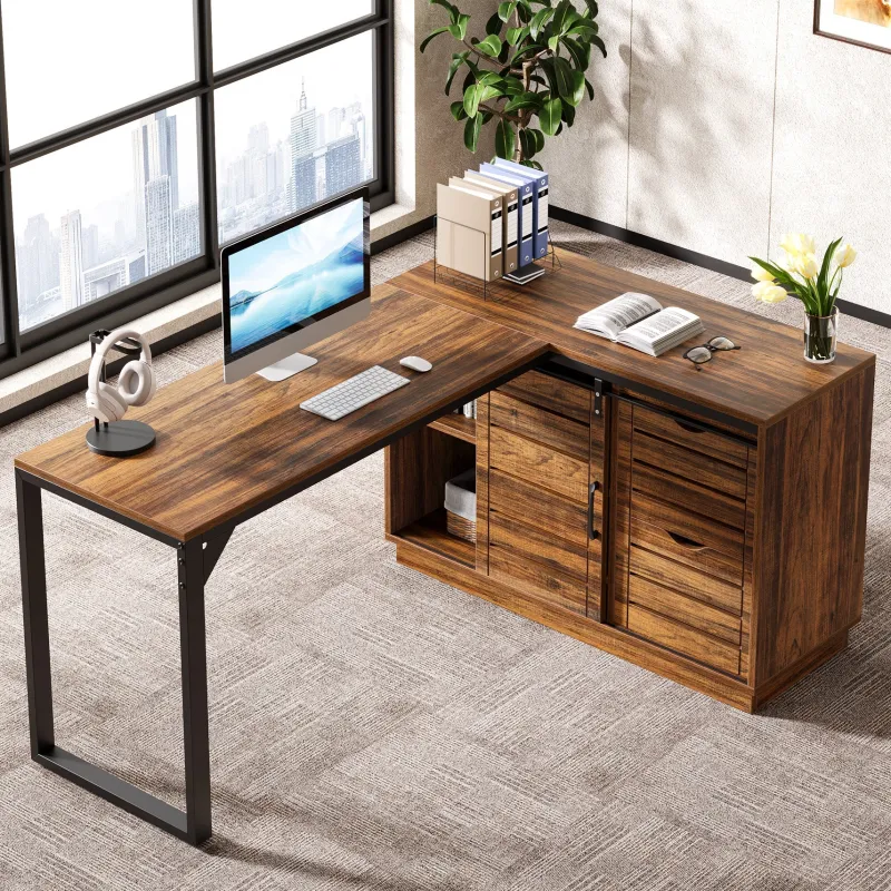 Tribesigns Desks*55" Computer Desk, L - Shaped Corner Desk Office Desk with File Drawers