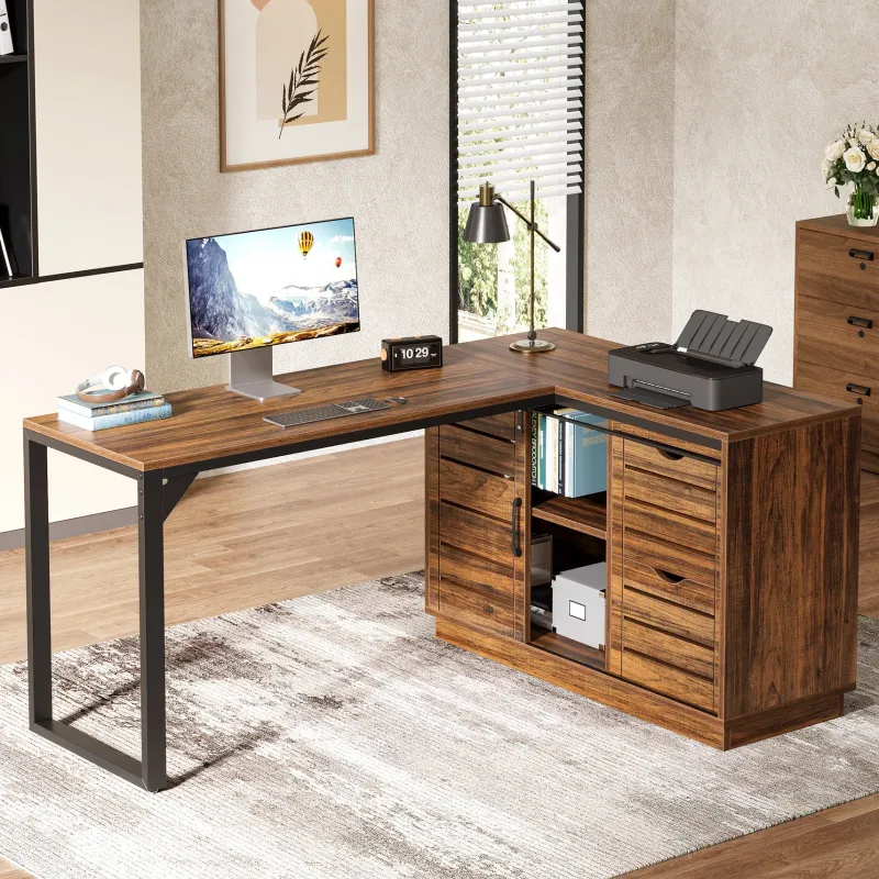 Tribesigns Desks*55" Computer Desk, L - Shaped Corner Desk Office Desk with File Drawers