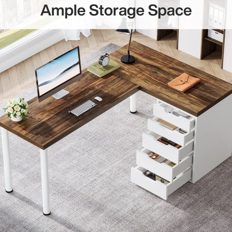 Tribesigns Desks*55" Computer Desk, L - Shaped Corner Desk Office Desk with 5 Drawers