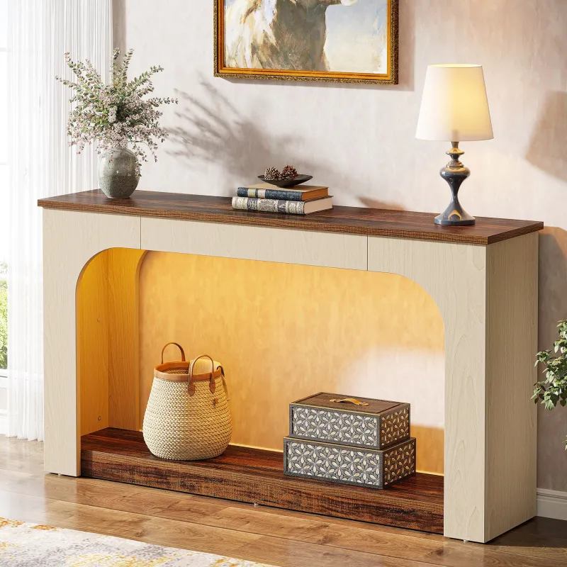 Tribesigns Console Tables|Console Tables*55" Console Table, Wood Farmhouse 2-Tier Sofa Table with LED Lights