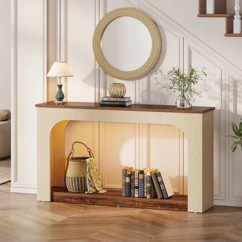 Tribesigns Console Tables|Console Tables*55" Console Table, Wood Farmhouse 2-Tier Sofa Table with LED Lights