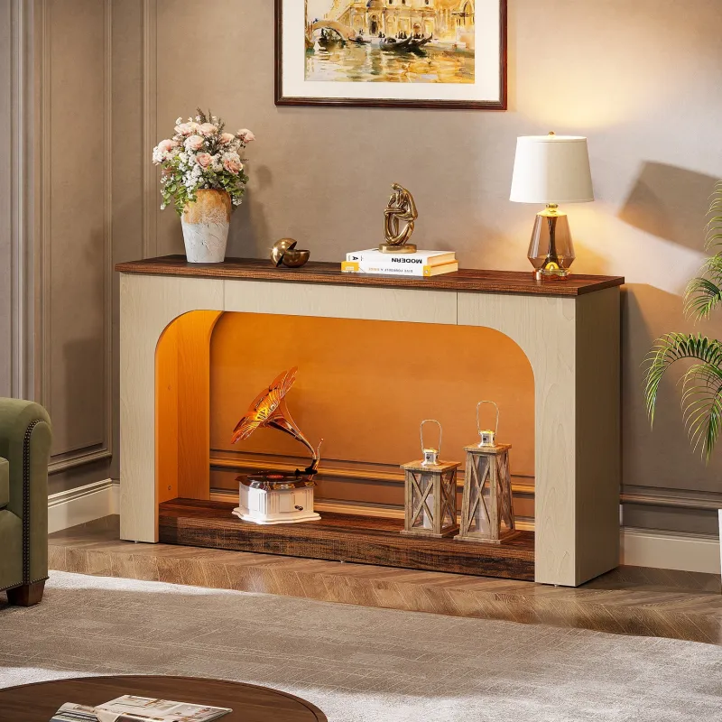 Tribesigns Console Tables|Console Tables*55" Console Table, Wood Farmhouse 2-Tier Sofa Table with LED Lights