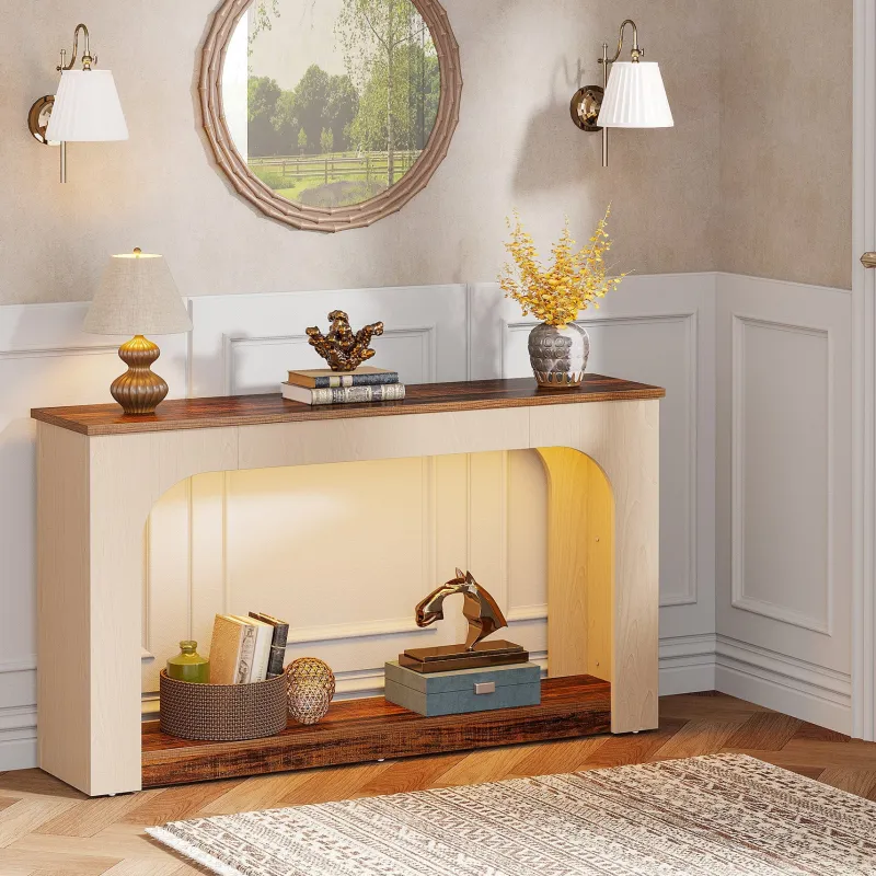 Tribesigns Console Tables|Console Tables*55" Console Table, Wood Farmhouse 2-Tier Sofa Table with LED Lights