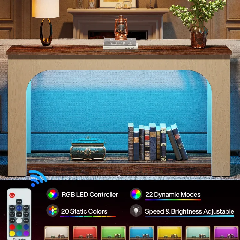 Tribesigns Console Tables|Console Tables*55" Console Table, Wood Farmhouse 2-Tier Sofa Table with LED Lights