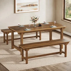 Tribesigns Dining Tables*55" Dining Table Set, 3 - Piece Kitchen Table Set with 2 Benches