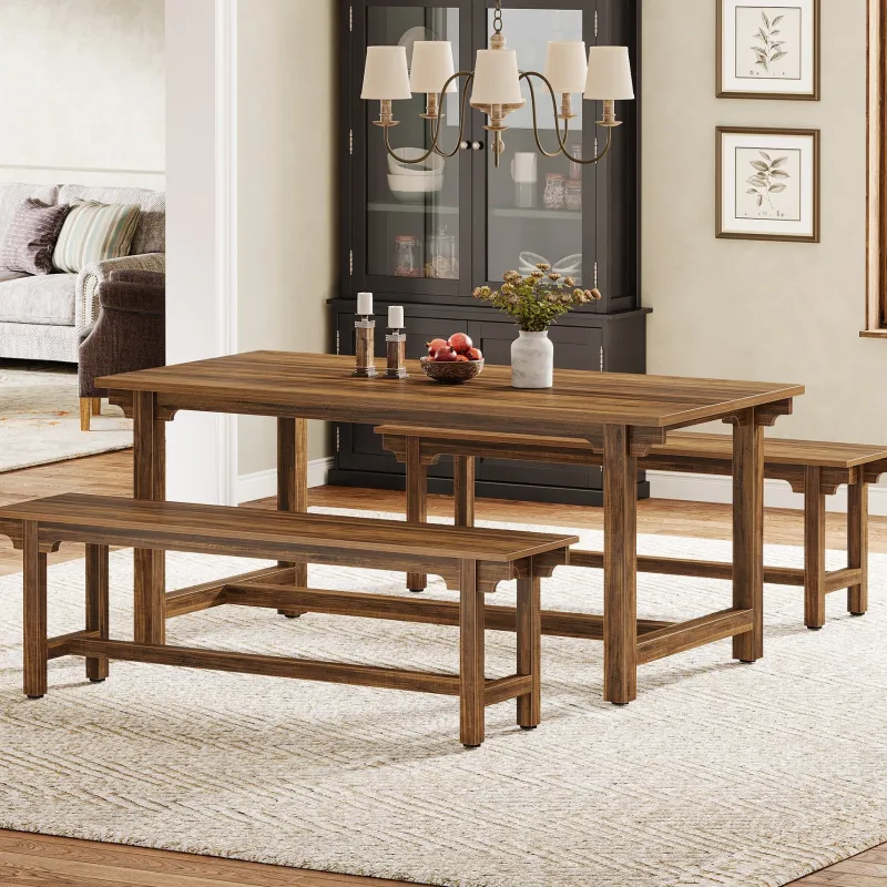 Tribesigns Dining Tables*55" Dining Table Set, 3 - Piece Kitchen Table Set with 2 Benches