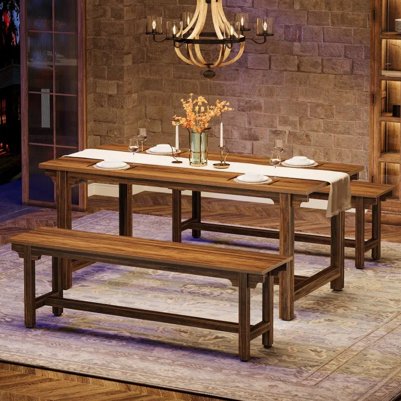 Tribesigns Dining Tables*55" Dining Table Set, 3 - Piece Kitchen Table Set with 2 Benches