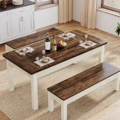 Tribesigns Dining Tables*55" Dining Table Set, 3 Pieces Wood Kitchen Table with 2 Benches