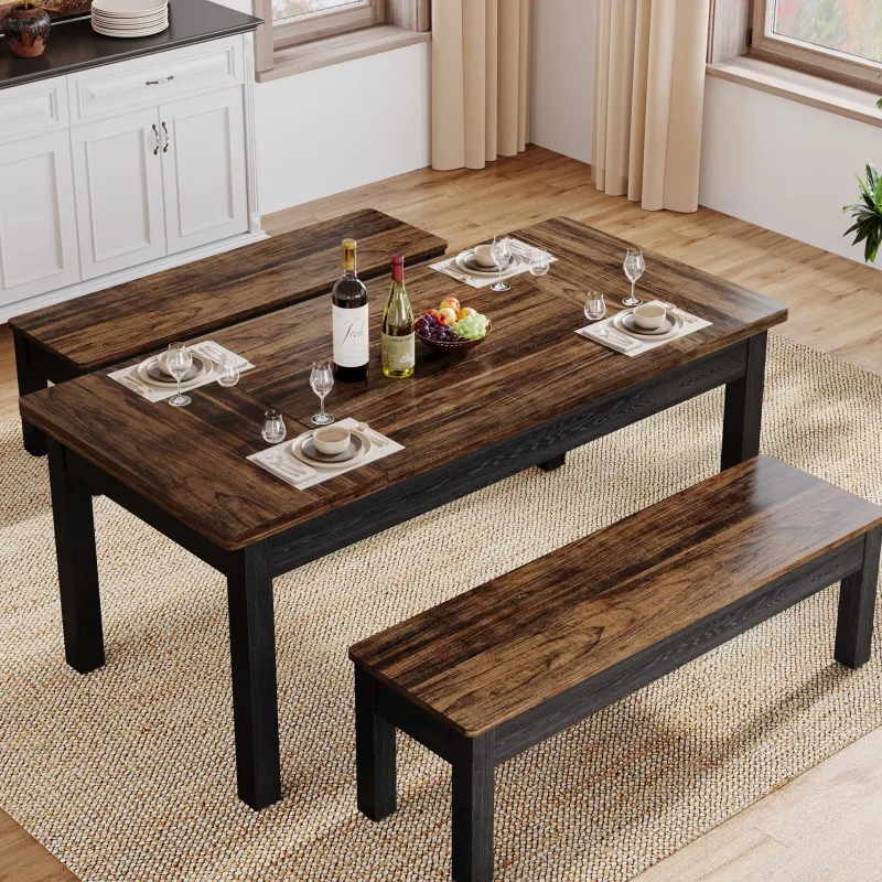 Tribesigns Dining Tables*55" Dining Table Set, 3 Pieces Wood Kitchen Table with 2 Benches