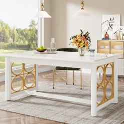 Tribesigns Dining Tables*63” Dining Table with Gold Metal & Glossy Surface for 4-6 People