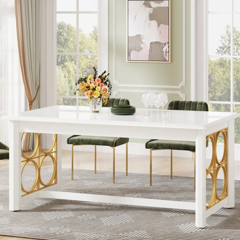 Tribesigns Dining Tables*63” Dining Table with Gold Metal & Glossy Surface for 4-6 People