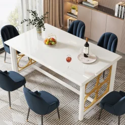 Tribesigns Dining Tables*63” Dining Table with Gold Metal & Glossy Surface for 4-6 People