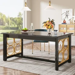 Tribesigns Dining Tables*63” Dining Table with Gold Metal & Glossy Surface for 4-6 People