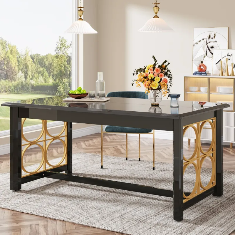Tribesigns Dining Tables*63” Dining Table with Gold Metal & Glossy Surface for 4-6 People
