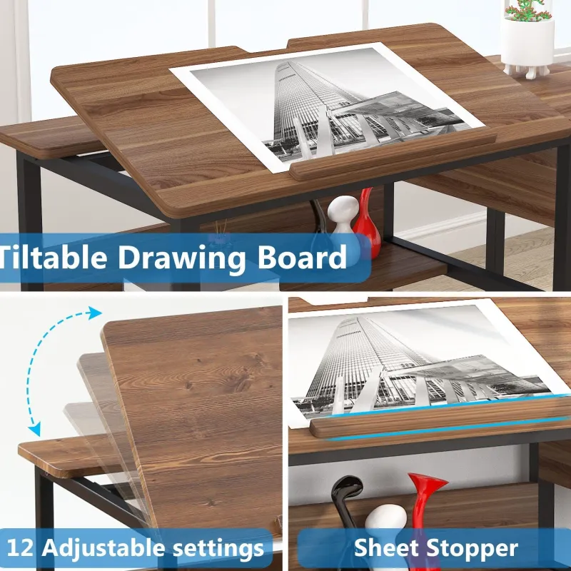 Tribesigns Desks*47.2" Drafting Table, Drawing Computer Desk with Storage Drawers