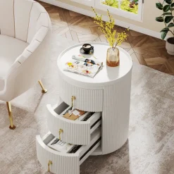 Tribesigns Nightstands*3 Drawers Nightstand, Modern Round Side End Table with Storage