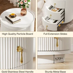 Tribesigns Nightstands*3 Drawers Nightstand, Modern Round Side End Table with Storage