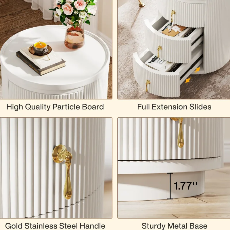 Tribesigns Nightstands*3 Drawers Nightstand, Modern Round Side End Table with Storage