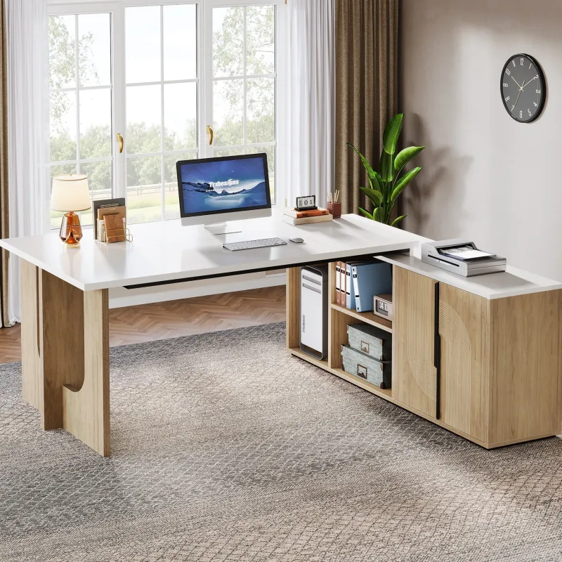 Tribesigns Desks*74" Executive Desk, L - Shaped Computer Desk Office Desk With Cabinet