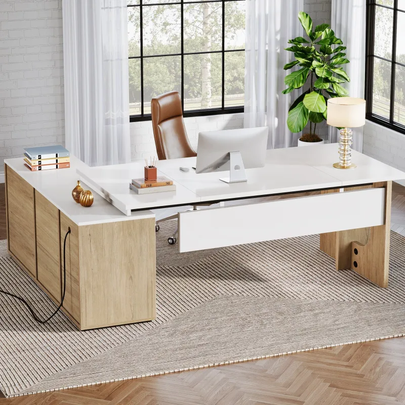 Tribesigns Desks*74" Executive Desk, L - Shaped Computer Desk Office Desk With Cabinet