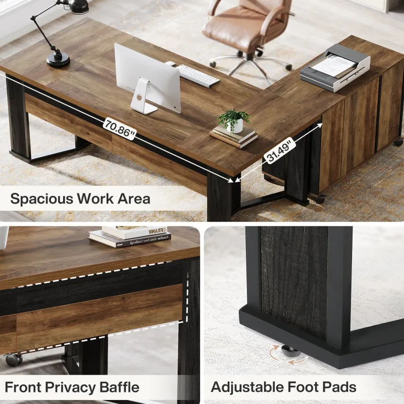 Tribesigns Desks*70.8" Executive Desk, L - Shaped Home Office Desk with File Cabinet