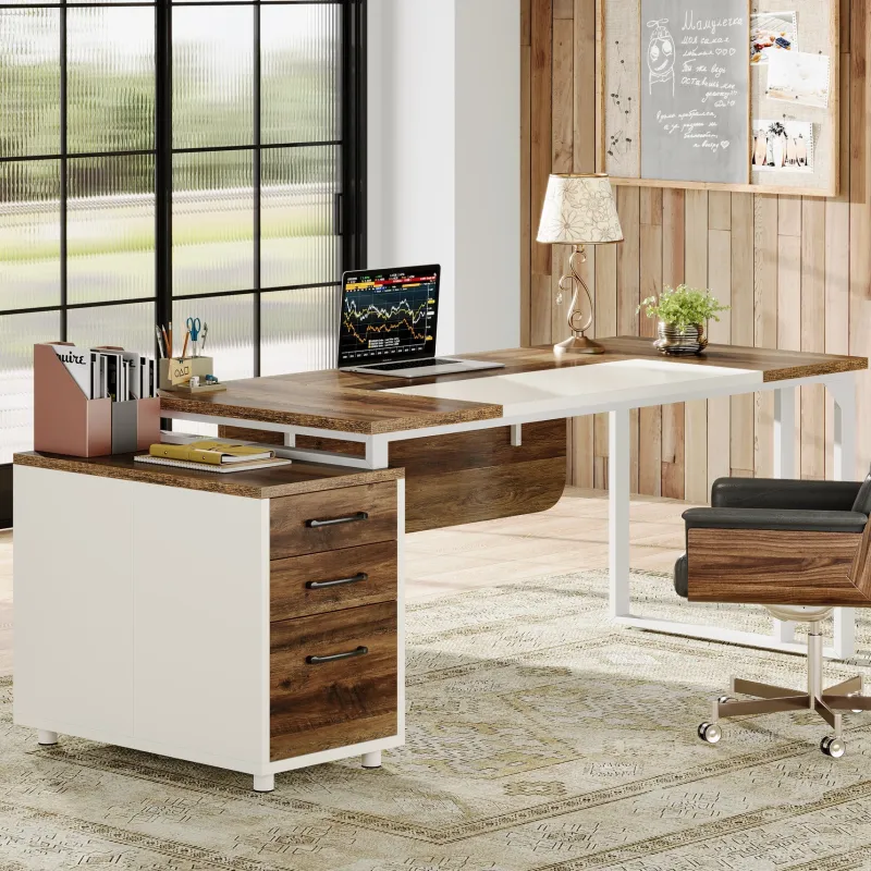 Tribesigns Desks*74" Executive Desk, Modern Computer Desk With 3 Drawers File Cabinet