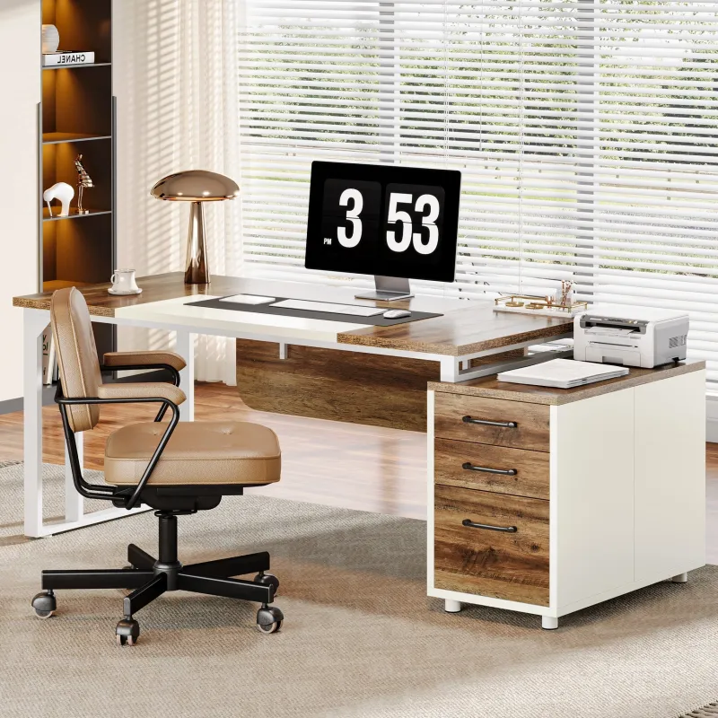 Tribesigns Desks*74" Executive Desk, Modern Computer Desk With 3 Drawers File Cabinet