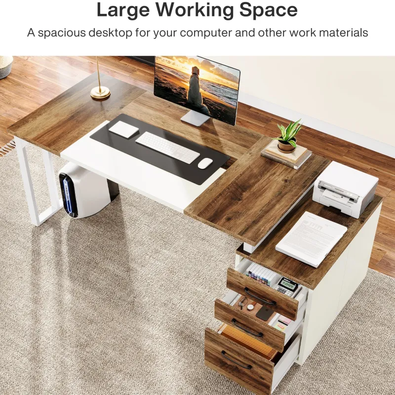 Tribesigns Desks*74" Executive Desk, Modern Computer Desk With 3 Drawers File Cabinet