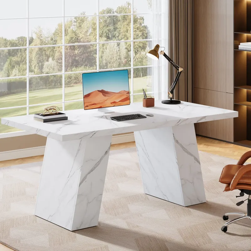 Tribesigns Desks*63" Executive Desk, Modern Faux Marble Computer Desk