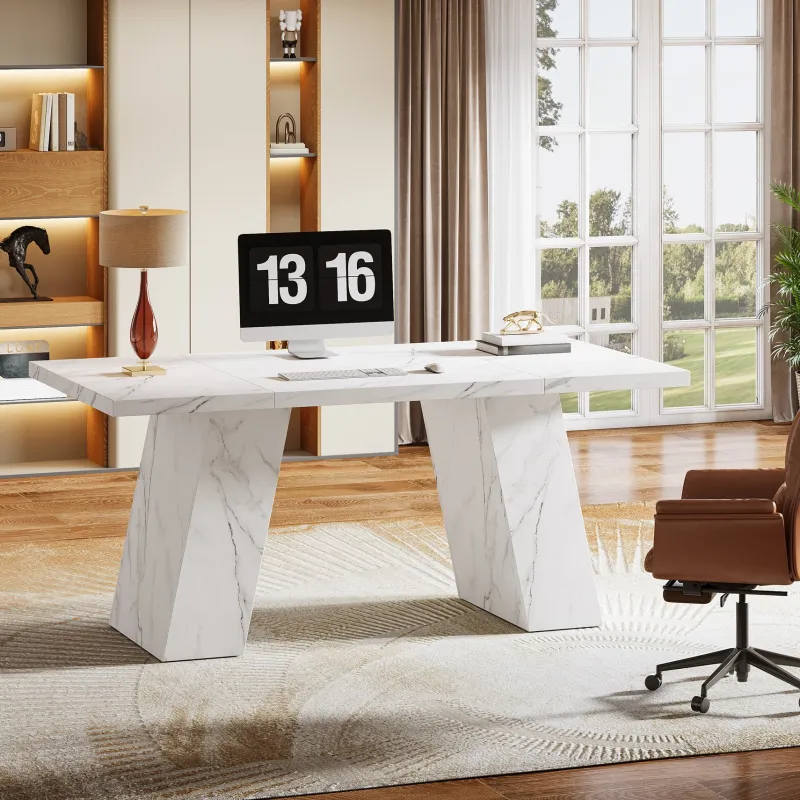 Tribesigns Desks*63" Executive Desk, Modern Faux Marble Computer Desk