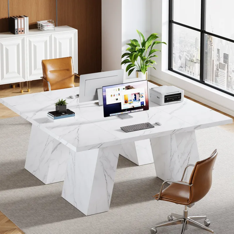 Tribesigns Desks*63" Executive Desk, Modern Faux Marble Computer Desk