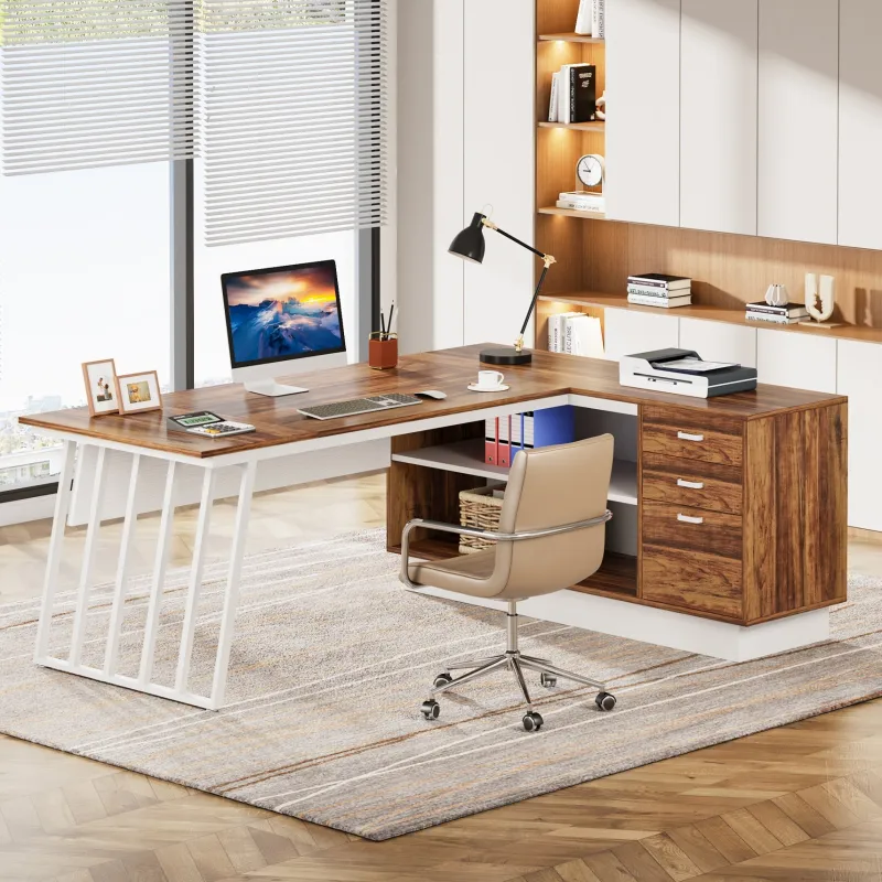 Tribesigns Desks*71" Executive Desk, Modern L-Shaped Computer Desk with Cabinet