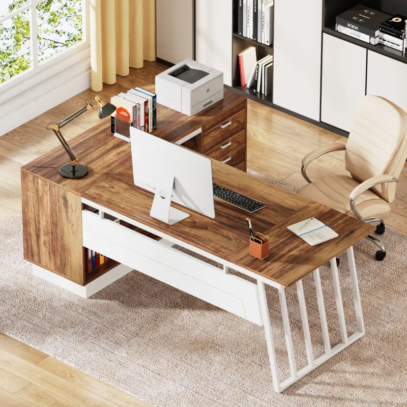 Tribesigns Desks*71" Executive Desk, Modern L-Shaped Computer Desk with Cabinet