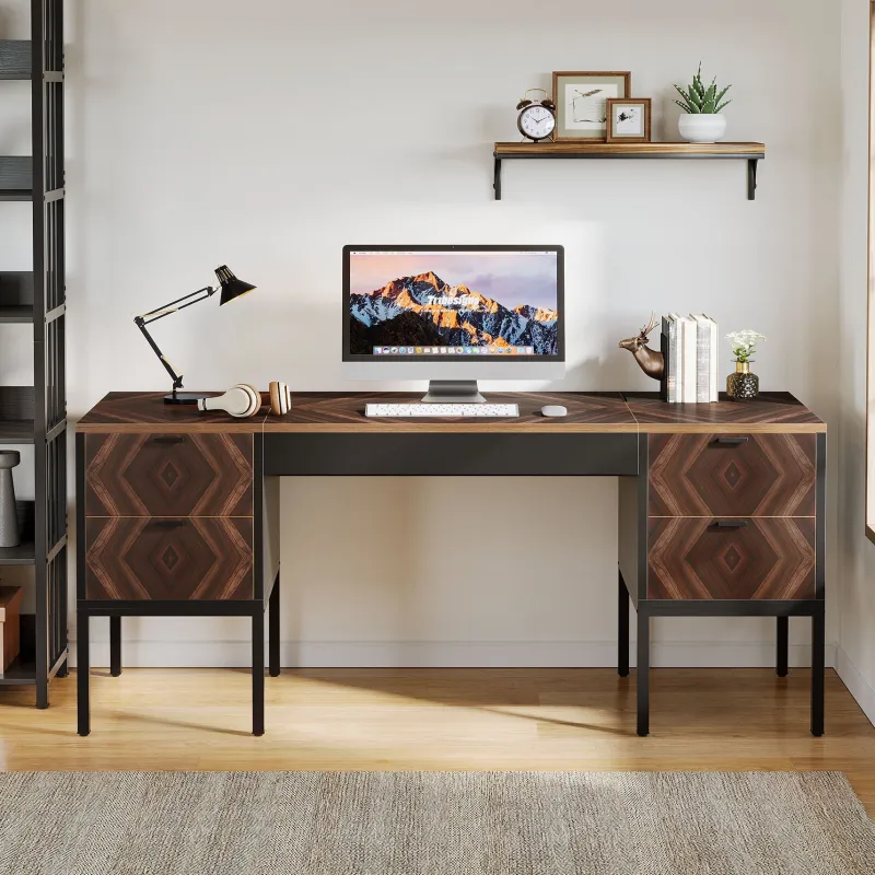 Tribesigns Desks*63" Executive Desk, Rustic Computer Office Desk with 4 Drawers