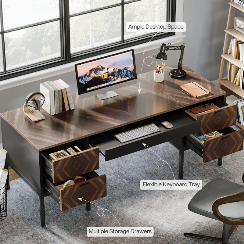 Tribesigns Desks*63" Executive Desk, Rustic Computer Office Desk with 4 Drawers