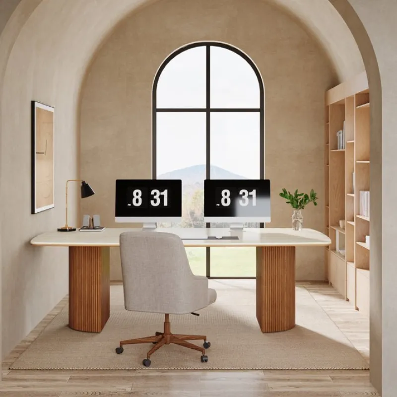 Tribesigns Desks*78.7" Executive Desk, Travertine Slab Computer Desk With Semi - Circular Base