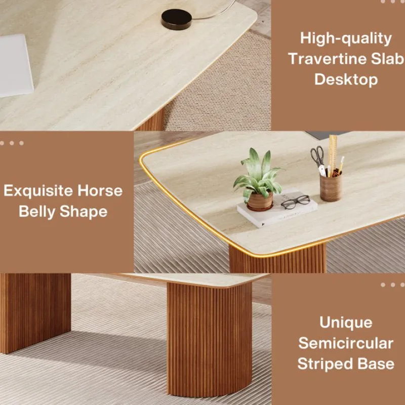Tribesigns Desks*78.7" Executive Desk, Travertine Slab Computer Desk With Semi - Circular Base