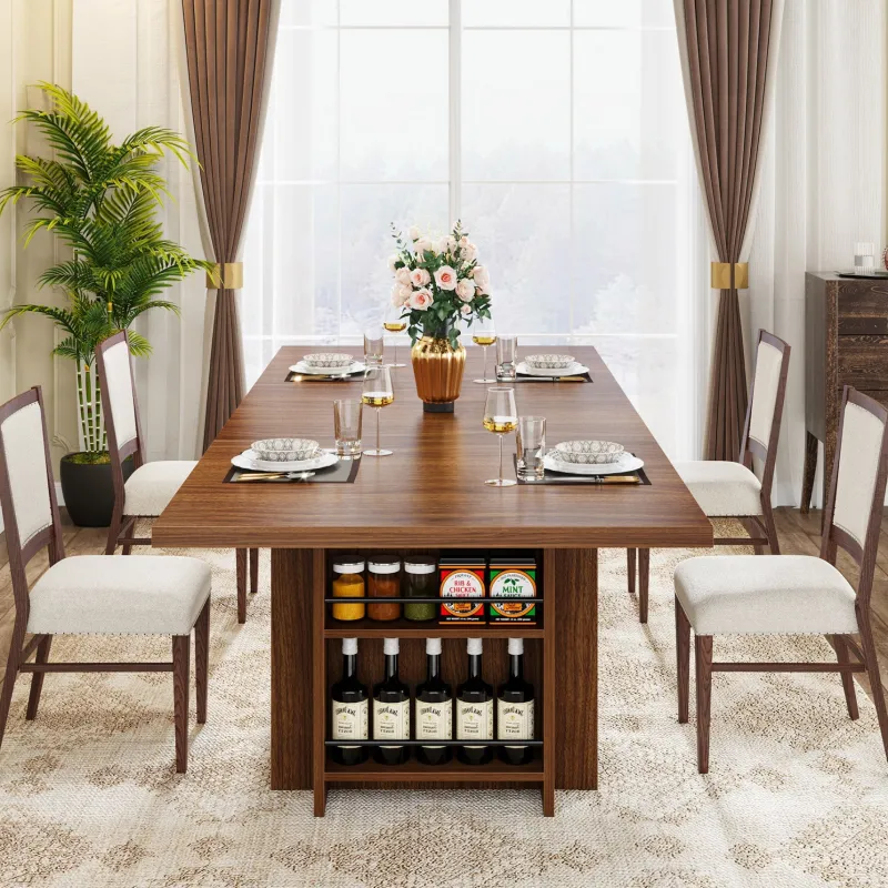 Tribesigns Dining Tables*63" Farmhouse Dining Table Wooden Kitchen Table with Shelves for 6 to 8