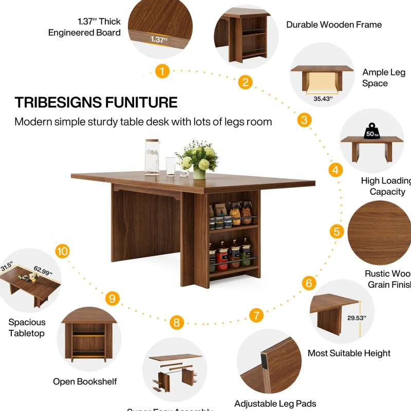 Tribesigns Dining Tables*63" Farmhouse Dining Table Wooden Kitchen Table with Shelves for 6 to 8