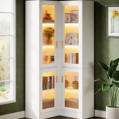 Tribesigns Bookcases & Bookshelves|Bookcases & Bookshelves*70.9" L - Shaped Bookshelf, 5 - Tier Bookcase with LED Light and 4 Acrylic Doors