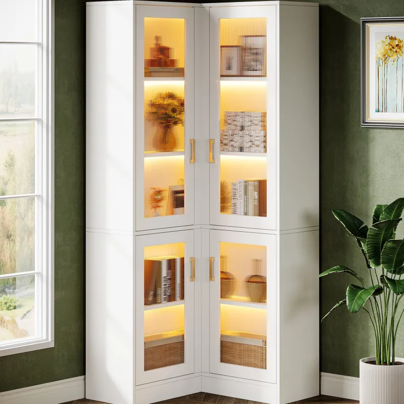 Tribesigns Bookcases & Bookshelves|Bookcases & Bookshelves*70.9" L - Shaped Bookshelf, 5 - Tier Bookcase with LED Light and 4 Acrylic Doors