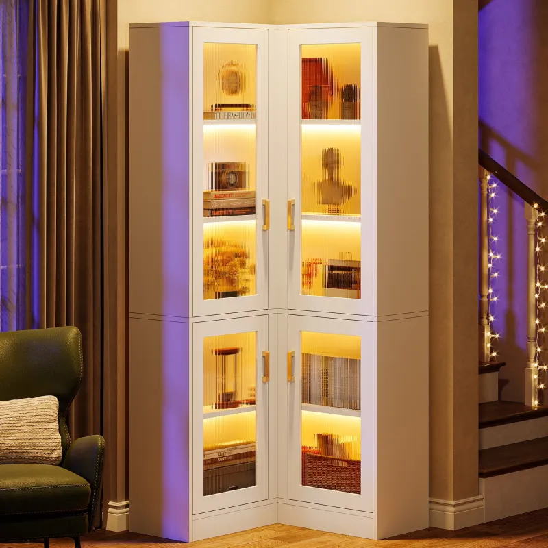 Tribesigns Bookcases & Bookshelves|Bookcases & Bookshelves*70.9" L - Shaped Bookshelf, 5 - Tier Bookcase with LED Light and 4 Acrylic Doors