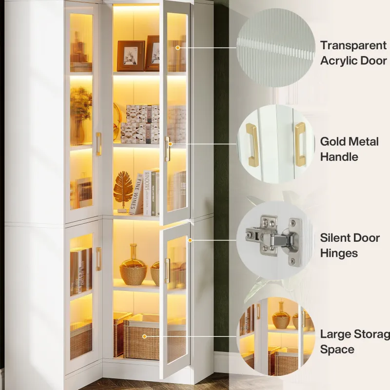 Tribesigns Bookcases & Bookshelves|Bookcases & Bookshelves*70.9" L - Shaped Bookshelf, 5 - Tier Bookcase with LED Light and 4 Acrylic Doors