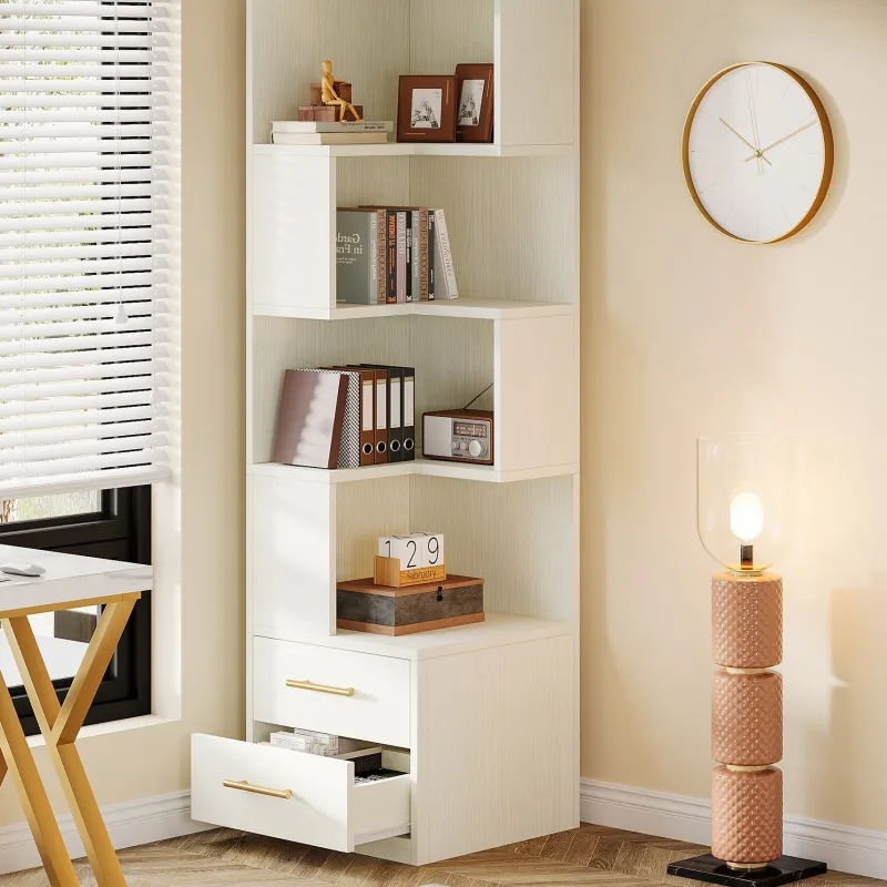 Tribesigns Bookcases & Bookshelves|Bookcases & Bookshelves*66.9" L - Shaped Bookshelf, Corner Bookcase With 5 - Tier Shelf And 2 Drawers